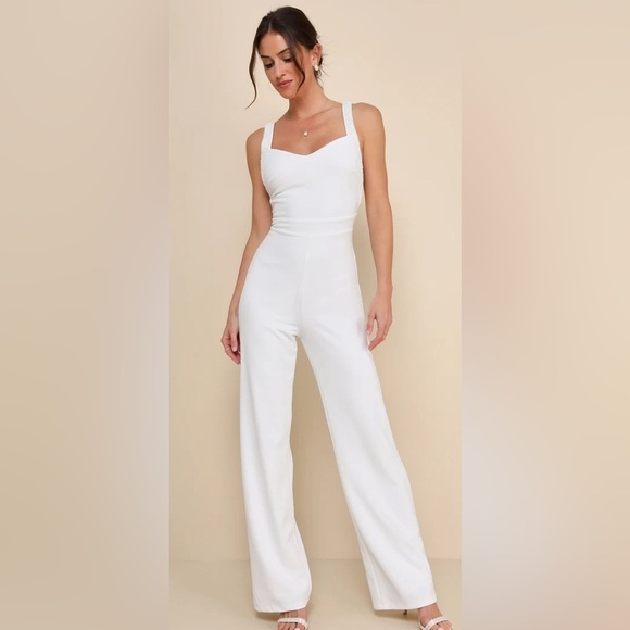 Love Aglow White Pearl Beaded Sleeveless Straight Leg Jumpsuit White #0511 - Picture 4 of 5